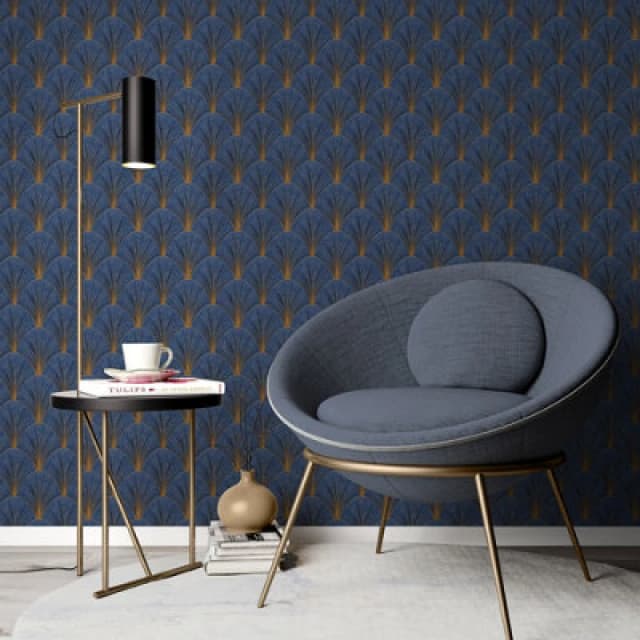 Erismann Blue Art Deco Avant Garde Wallpaper Gold Geometric Fan Feature Wall, Blue WL-10451-08