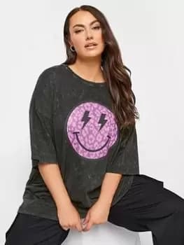Yours Boxy Tee Acid Wash Smiley Placement Print. Grey, Size 20, Women