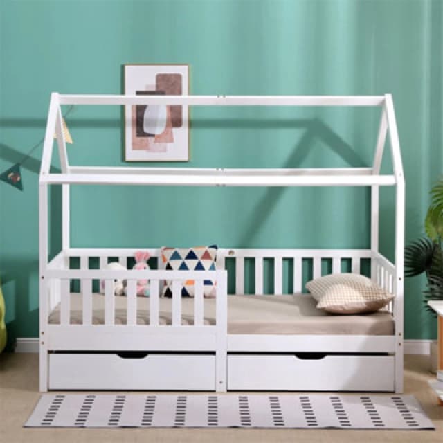 1001 Furniturehmd Wooden Kids Bed Frame,solid Pine Wood,3 Ft Single House Bed Frame,chidren Floor Bed With Two Drawers