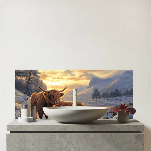 Warren Reed - Designer Highland Cows By The Lake Glass Bathroom Splashback in Brown Brown Unisex