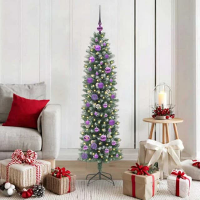 vidaXL Artificial Slim Christmas Tree with Lilac Balls Green and white 150 cm, Green 3395287