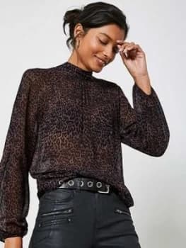 Mint Velvet Isabel Animal Print High Neck Top - Burgundy