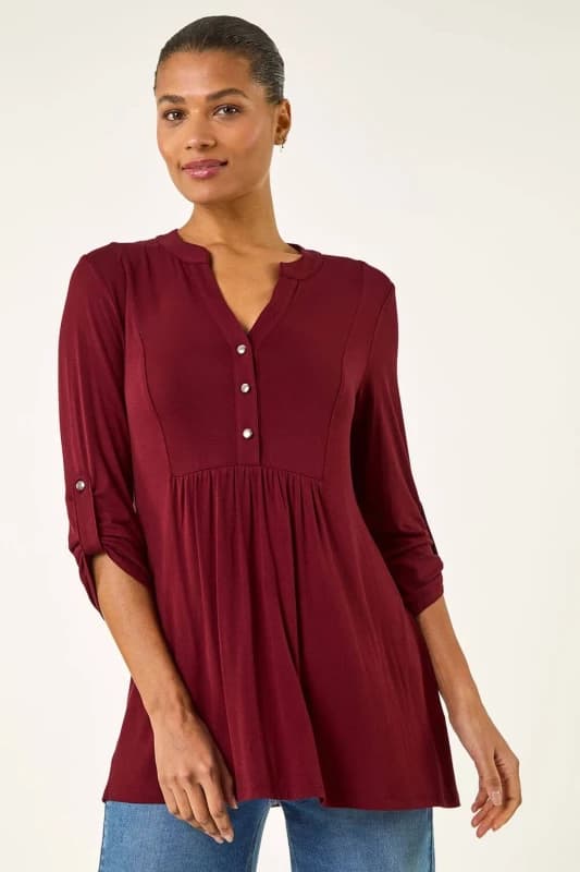 Roman Womens Button Detail Tunic Top in Wine Size: 12 Wine Female 12