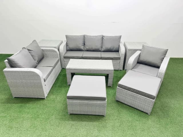 Fimous Patio PE Wicker 8 Seater Outdoor Rattan Furniture Sofa Sets with Reclining Chair Loveseat Sofa 3 Seater Sofa 2 Side Table