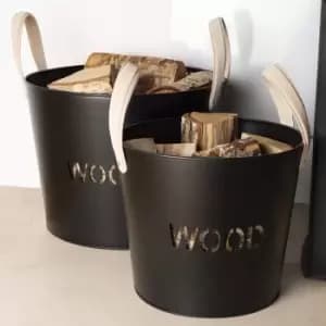 Charles Bentley - Rowan Pair of Fireside Wood Buckets 1 x Large Bucket 1 x Small Bucket - Black