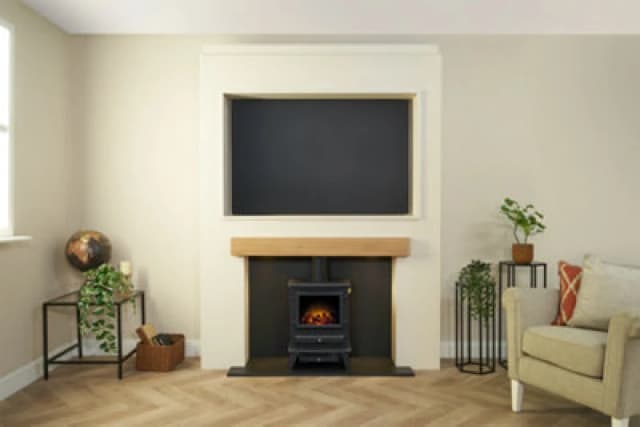 Acantha Pre-Built Stove Media Wall 2 With TV Recess & Hudson Electric Stove In Black