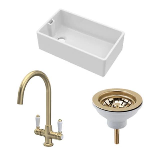 BALTERLEY Balterley - Fireclay Kitchen Bundle - Single Bowl Belfast Sink, Strainer Waste & Mono Lever Tap, 795mm - Brushed Brass BKS220WT12