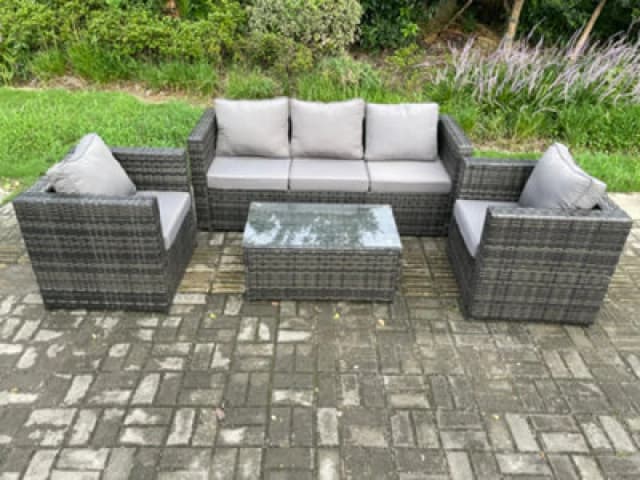 Fimous 5 Seater Outdoor Lounge Sofa Set Wicker PE Rattan Garden Furniture Set with 2 Armchair Oblong Coffee Table Dark Grey Mixed Dark Grey