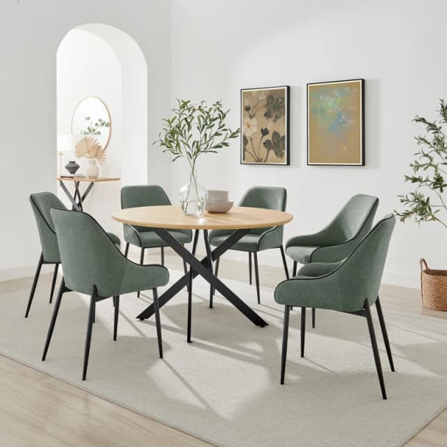 FurnitureboxUK FurnitureboxUK Novara 120cm Oak Effect Dining Table & 6 Beaumont Green Fabric Chairs Green One Size Unisex 5056784315323