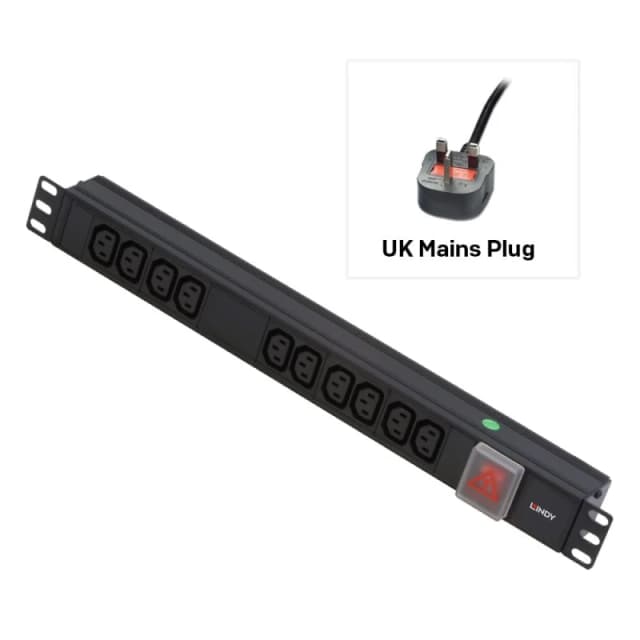 Lindy Lindy 1U 10 Way IEC Sockets, Horizontal PDU with UK Mains Plug 29991