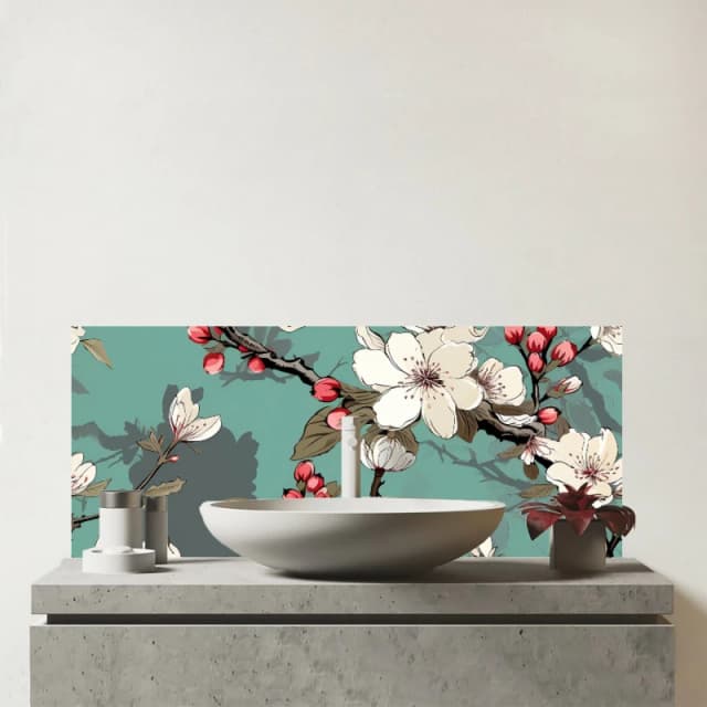 Warren Reed - Designer Pink Blossom Asian Design Glass Bathroom Splashback in Green Green Unisex