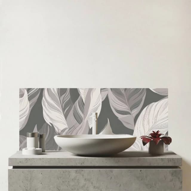 Warren Reed - Designer Grey Floral Leaves Glass Bathroom Splashback Grey Unisex