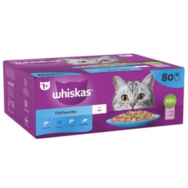 Whiskas 1+ Cat Pouches Fish Favourites In Jelly Cat Food 80 X 85G