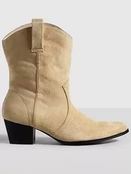 Boohoo Wide Fit Western Cowboy Ankle Boots - Beige, Beige, Size 4, Women