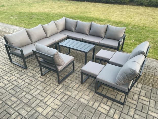 Fimous Aluminium Outdoor Garden Furniture Set Patio Lounge Sofa with Oblong Coffee Table 2 Small Footstools Dark Grey Dark Grey Unisex