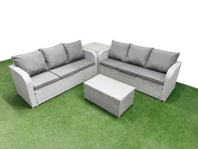 Fimous Outdoor Garden Furniture Sets 6 Seater Wicker Rattan Furniture Sofa Sets with Rectangular Coffee Table high Back Lounge Sofa Side Table Light G