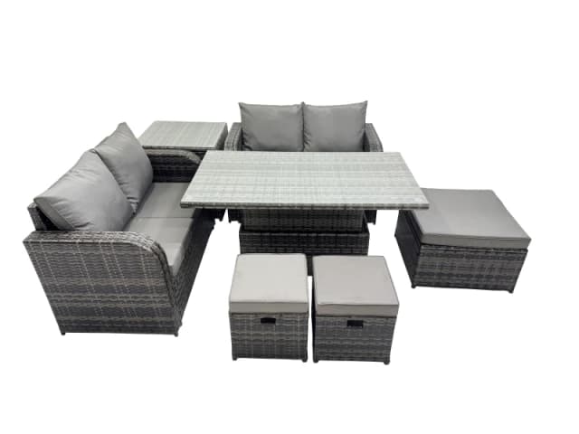 Fimous 7-seater Rattan Garden Furniture Dining Set with 3 Stool Side Table in Dark Grey Dark Grey Unisex