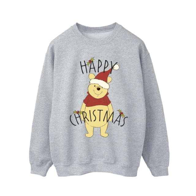 Disney Men Winnie The Pooh Happy Christmas Holly Sweatshirt in Grey Size: Small Grey S Male 5063283950320