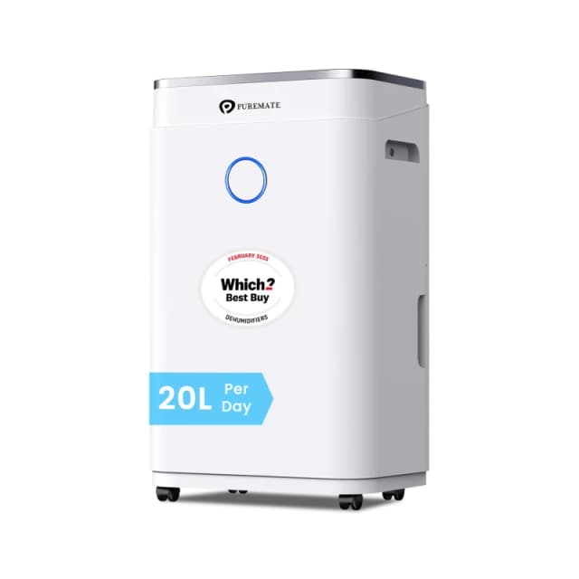 PureMate 20L/Day Portable & Compact Dehumidifier w/ 6.5 Litre Tank Capacity, Digital Display, Continuous Drainage, Laundry Drying & 24Hr Timer White U