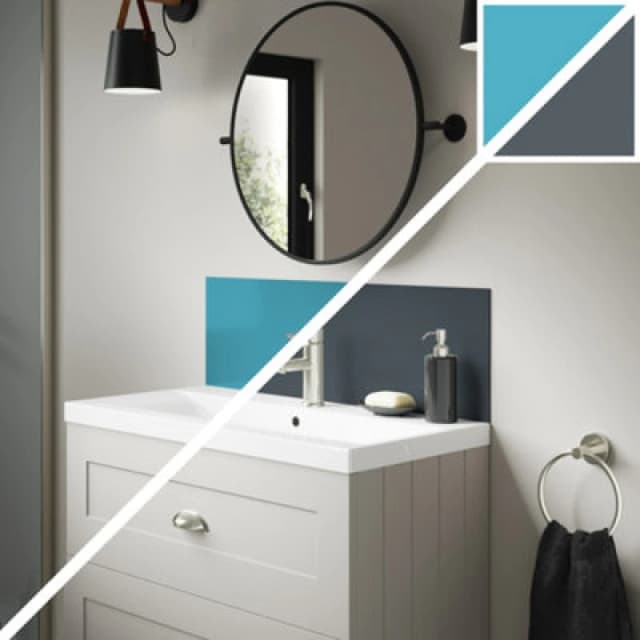 Splashwall Alloy Laminate Adhesive Double-Sided Bathroom Splashback (H)25Cm (W)80Cm - Gloss Turquoise & Slate Grey Glass Effect