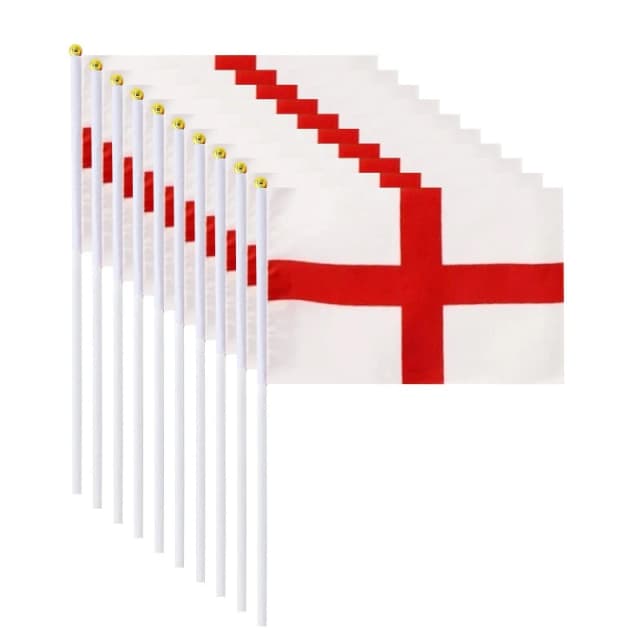 Shatchi 10pcs England Flag, St George's Cross Flag on Sticks, Hand Held Double Sided Fabric England Small Flags Multi