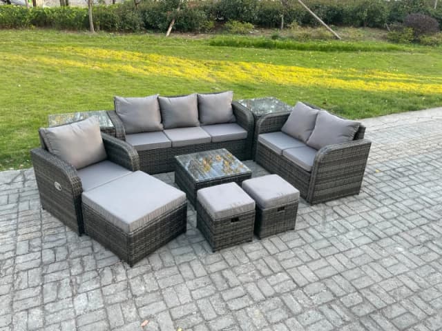Fimous Rattan Garden Furniture 9 Piece Patio Set With Table Sofa Square Coffee Table Reclining Chair Side 3 Seater Sofa 3 Footstools Dark Grey