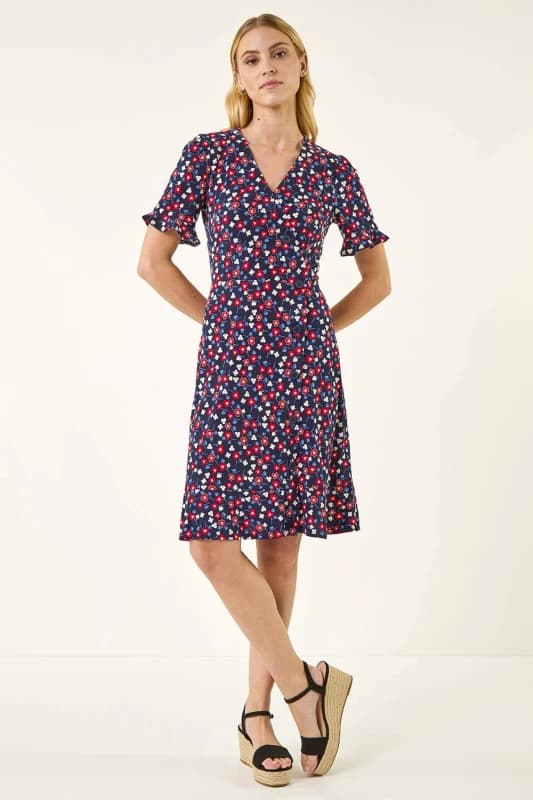 Roman Womens Floral Side Button Dress in Navy Size: 10 Navy Female 10
