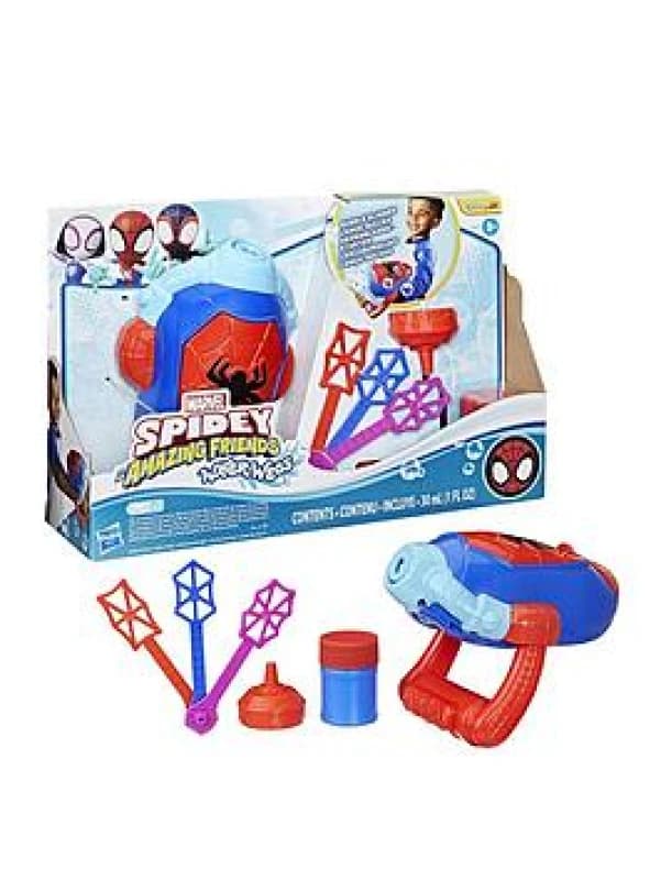 Marvel Spidey and His Amazing Friends - Water-Webs Bubble Slinger Electronic Bubble Toy with 3 Wands Bubble Solution & Refill Funnel - Roleplay Toy f