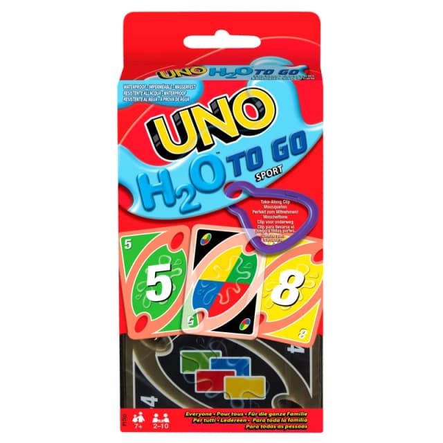 Mattel Games UNO H2O To Go Card Game 108 durable plastic cards water resistant plus clip. Makes a Great Gift for Ages 7 and older
