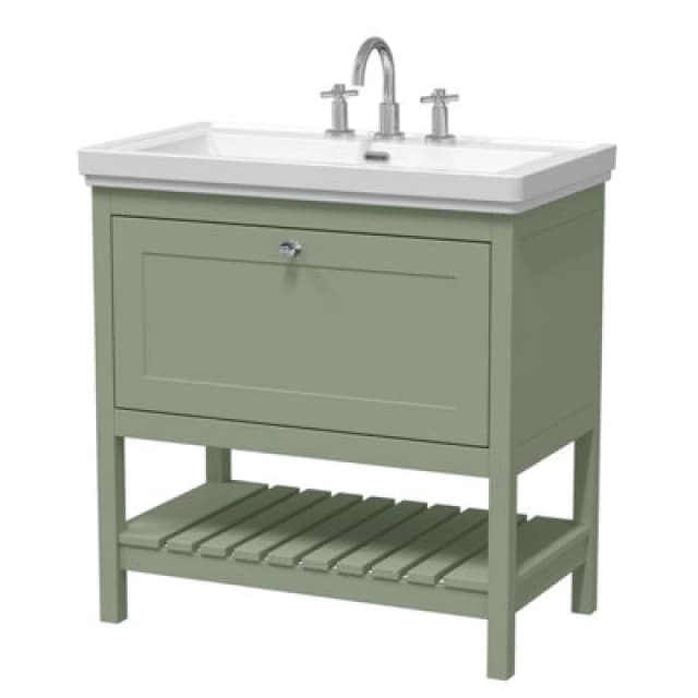 Balterley Rye Traditional Bathroom 1 Soft Close Drawer Floor Standing Vanity Unit Basin, Fern Green, 830mm