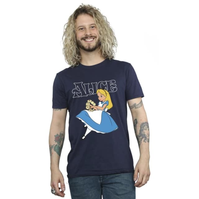 Disney Men Alice In Wonderland Flowers T-Shirt in Navy Size: Small Navy S Male 5063283635272