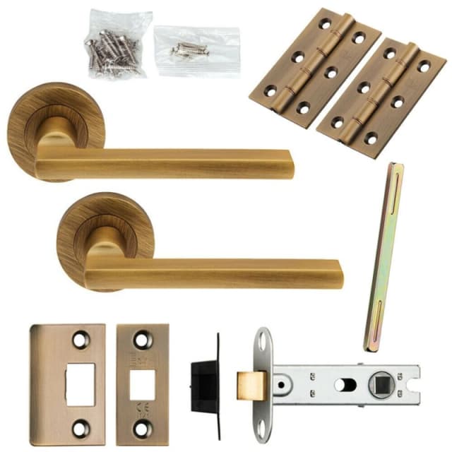 Loops Door Handle & Latch Pack Antique Brass Plinth Mounted Bar Screwless Round Rose Metallics