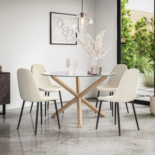 More4Homes Malvern Round Dining Table And Chairs - Clear Glass Table Top W Solid Oak Legs + Maya Boucle Dining Chair Set Of 4 (Ivory White)