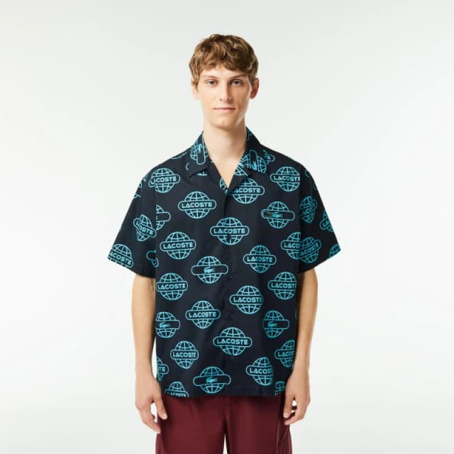 Lacoste Mens Globe Print Cotton Short Sleeve Relaxed Fit Shirt Black/Cove male XS