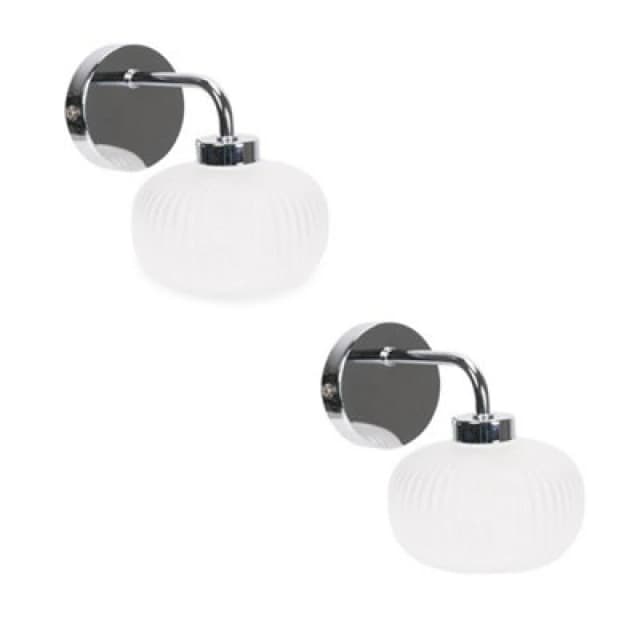 ValueLights Amaia Pair of Polished Chrome IP44 Single Frosted Ribbed Glass Wall Lights Silver