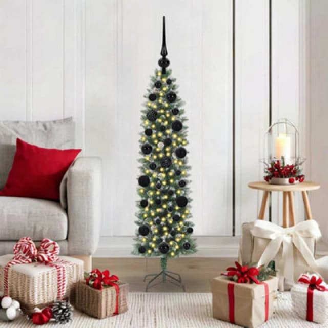 vidaXL Artificial Slim Christmas Tree, Black Balls Green and white 120 cm, Green 3395270