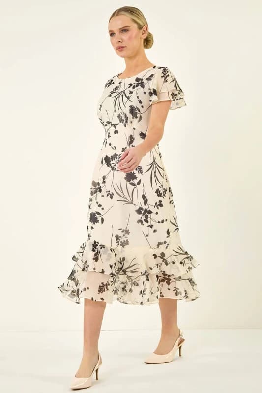 Roman Womens Petite Floral Frill Hem Midi Dress in Ivory Size: 14 Ivory Female 14