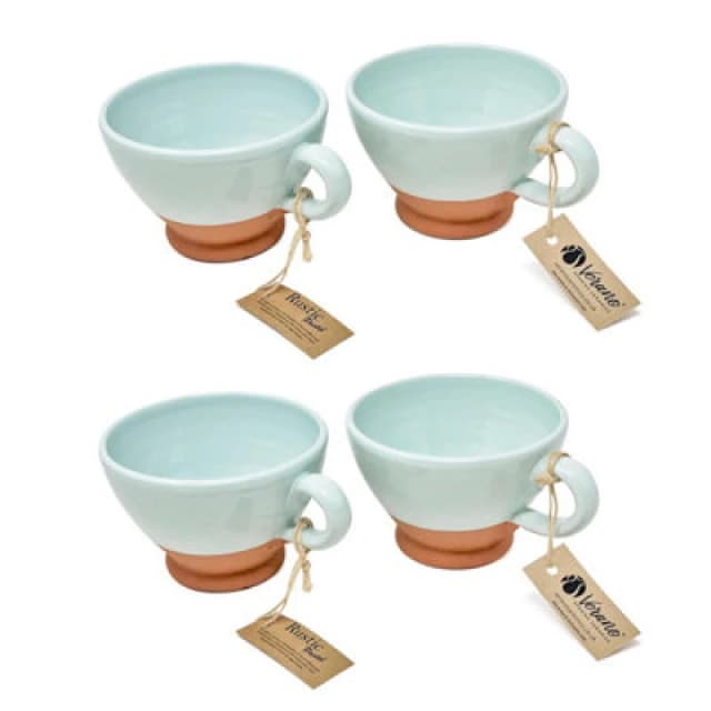 Verano Spanish Ceramics Rustic Pastel Half Dipped Terracotta Kitchen Set Of 4 Breakfast Cups Pale Green 14Cm