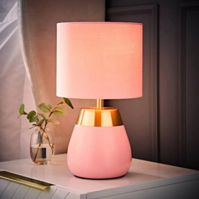 ValueLights ValueLights Hurst Bulbous Touch Table Lamp with Drum Lamp Shade and Bulb in Pale Pink Pale Pink One Size Unisex 5059406070839
