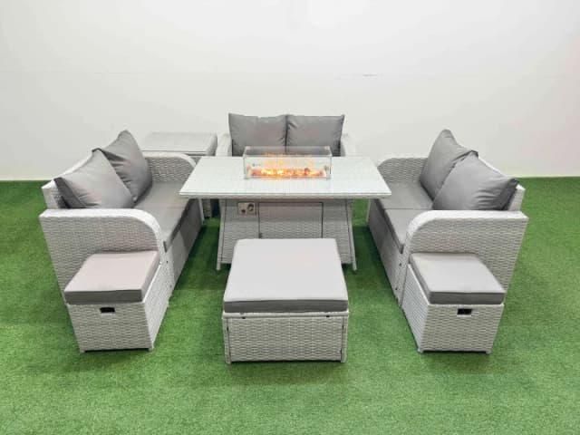 Fimous 9 Seater PE Wicker Rattan Furniture Sofa Sets with Firepit Dining Table 2 Seater Love Sofa 3 Stool Side Table Light Grey Light Grey