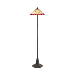2 Light Octagonal Floor Lamp E27 With 40cm Tiffany Shade, Red, Crystal, Aged Antique Brass