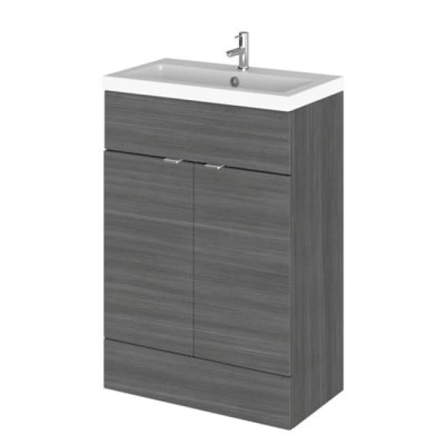 Hudson Reed Fusion Floor Standing 2 Door Vanity Unit & Polymarble Basin, Vanity Unit With Basin, Anthracite Woodgrain, 600mm