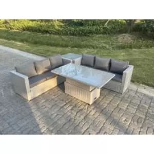 Fimous 6 Seater Light Grey Outdoor Rattan Garden Dining Complete Sofa Set with Adjustable Table and Side Coffee Table
