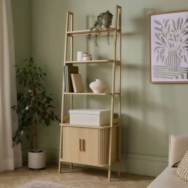 Vonhaus Bookcase For Living Room, Tambour Bookshelf With Sliding Doors & Storage, Scandi Look Home Office Shelving Unit, Landos