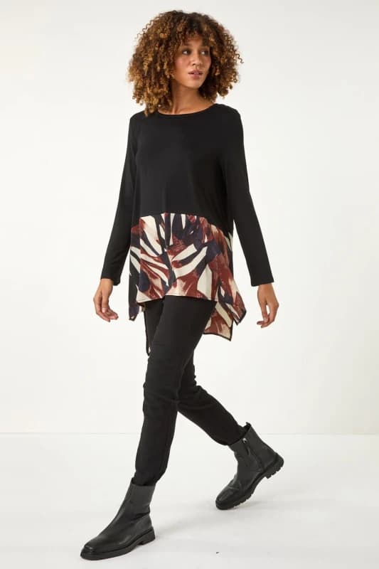 Roman 2 in 1 Abstract Print Chiffon Hem Top Black