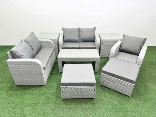 Fimous High Back Poly Rattan Garden Furniture Set with Reclining Chair Loveseat Sofa Oblong Coffee Table Indoor Outdoor Patio Set 2 Big Stool 2 Side