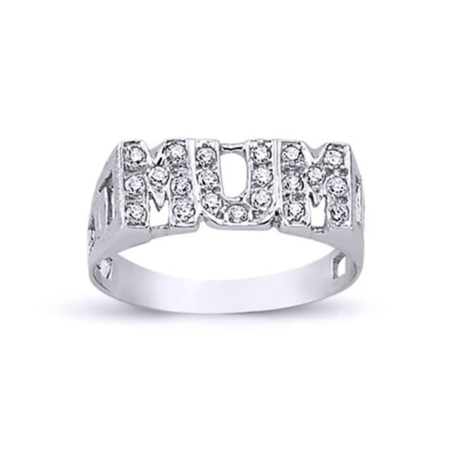 Jewelco London Rhodium Plated Silver Round CZ MUM Signet ID Ring 8mm - ARN101 Silver