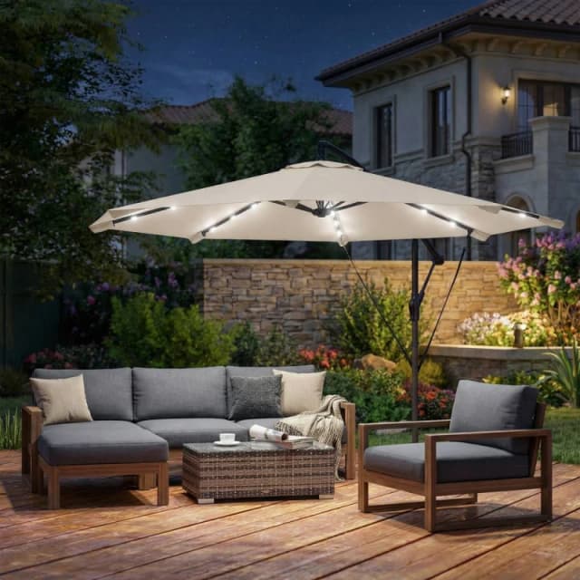 OUTSUNNY 3m Cantilever Parasol Solar LED Lights, Cream White Size: 3m Cream Unisex 3m