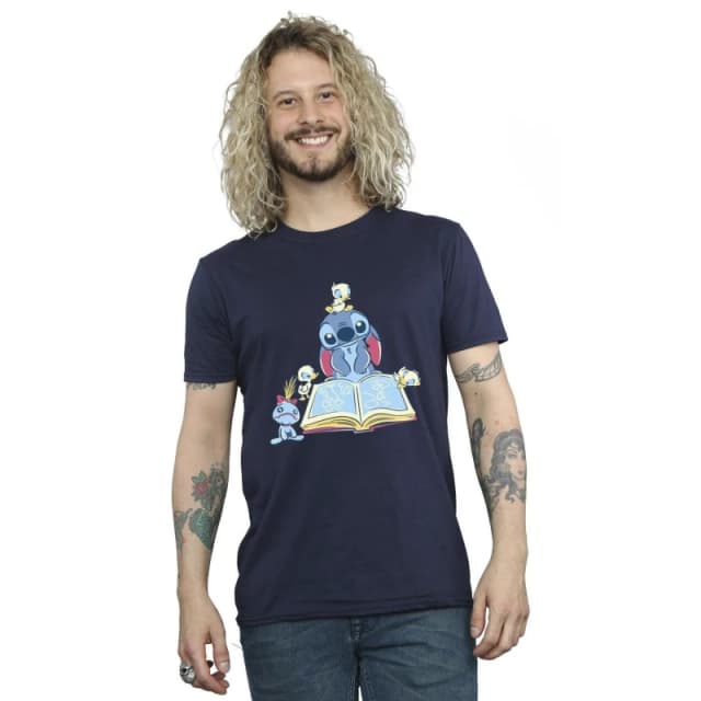 Disney Men Lilo & Stitch Reading A Book T-Shirt in Navy Size: Small Navy S Male 5063153495449