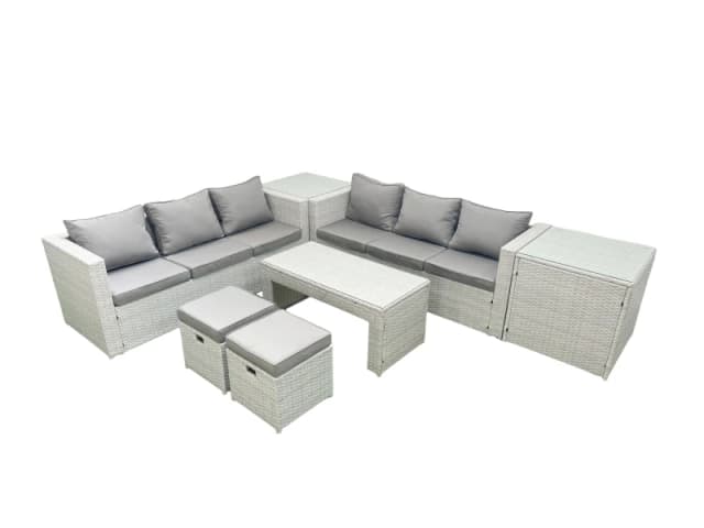 Fimous 8 Seater Garden Outdoor Rattan Furniture Set Rattan Garden Sofa Oblong Coffee Table with 2 Small Footstool 2 Side Tables Light Grey Mixed Light